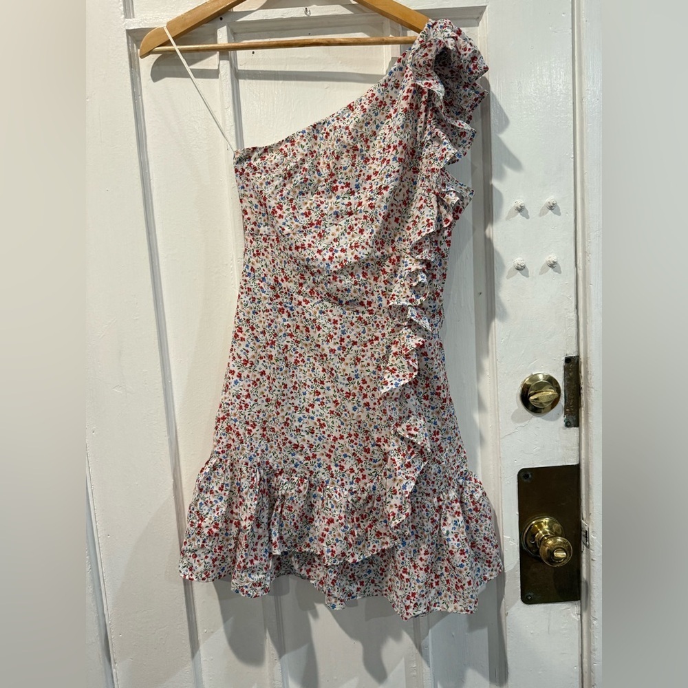 Vici One-Shoulder Floral Ruffle Dress - Red and Blue